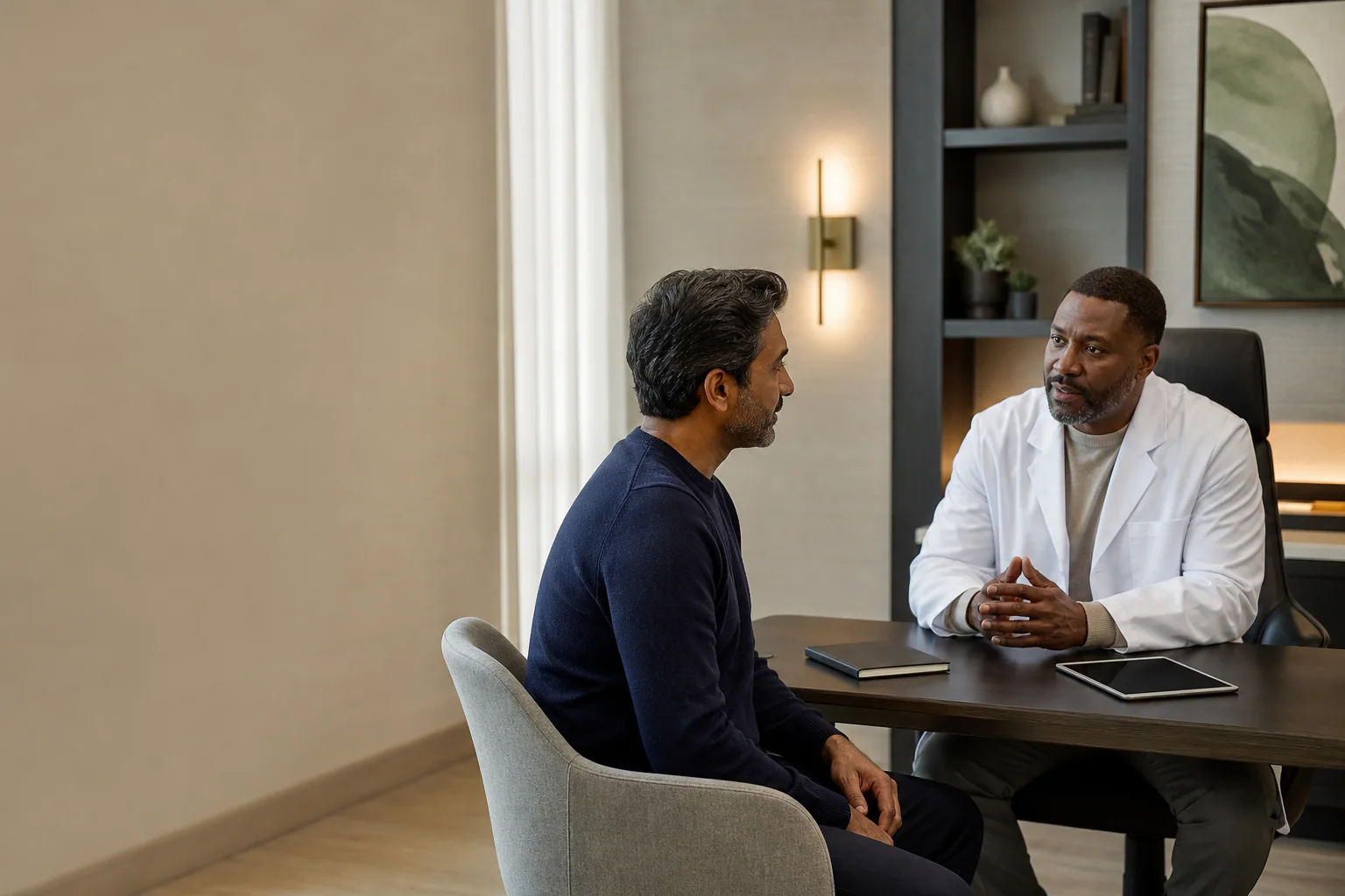 South Asian adult patient speaking privately with a Black physician in a modern consultation room
