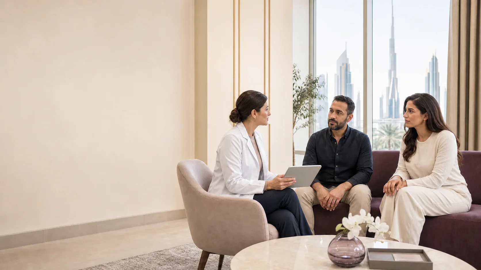 Adult patient speaking privately with an unbranded clinician in a modern consultation room