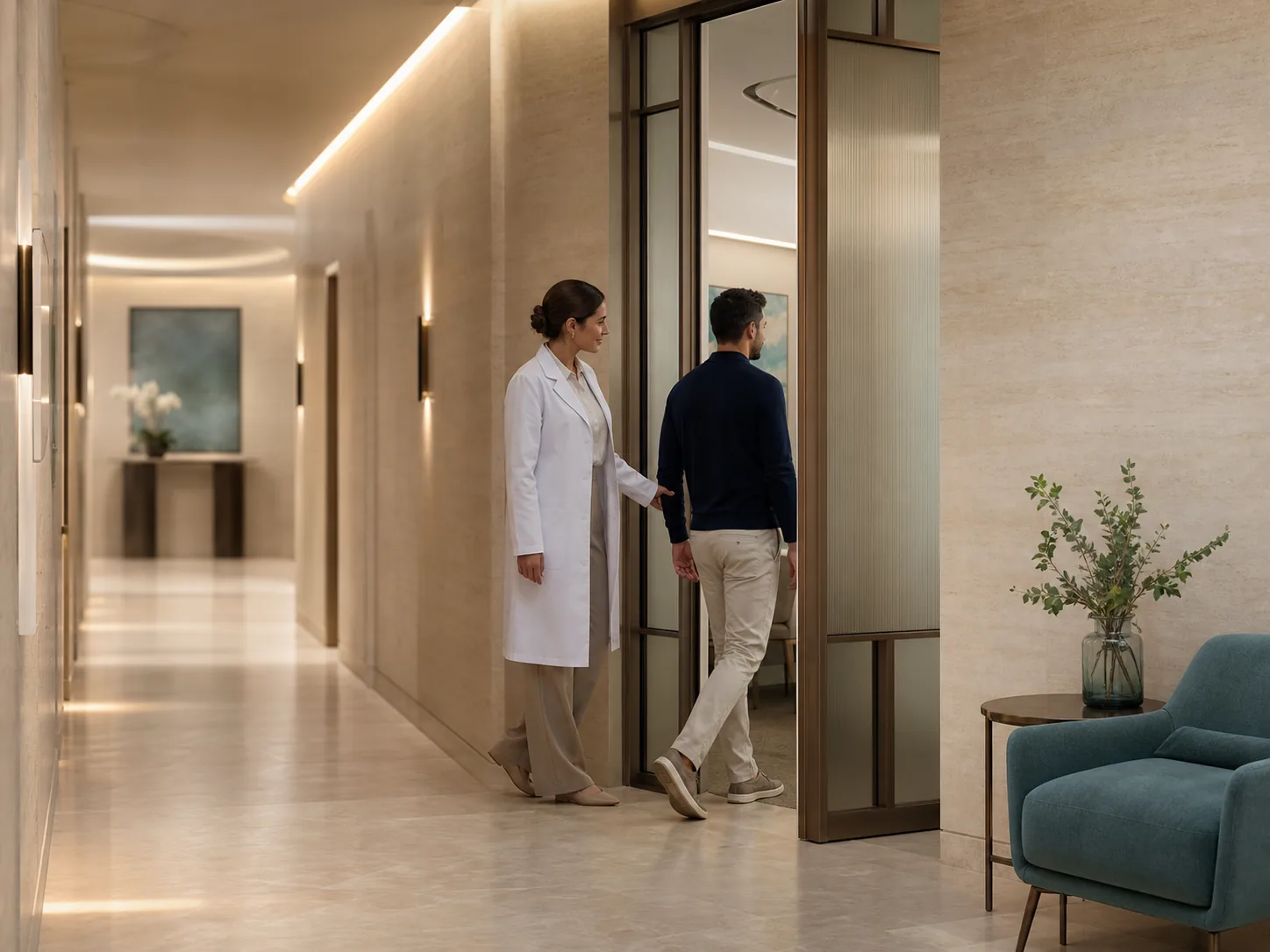 Adult patient entering a private consultation room with a clinician