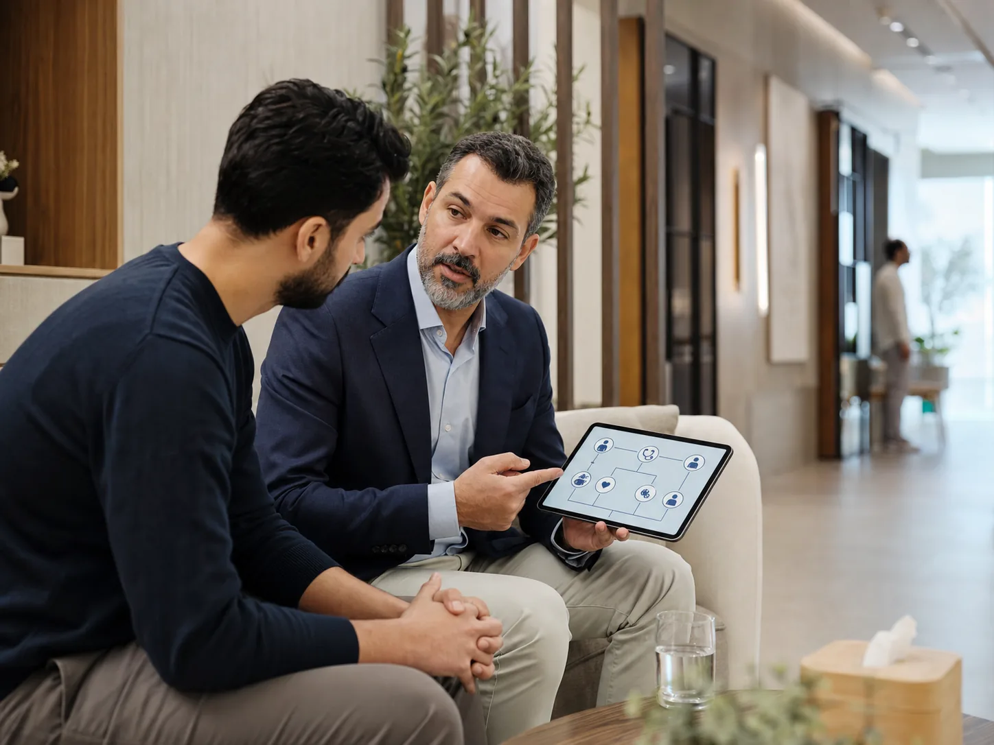 Doctor explaining a specialist referral pathway to an adult patient